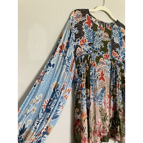 BL-NK London Printed Blouse XL Blue Floral Long Sleeve Viscose - Picture 3 of 10